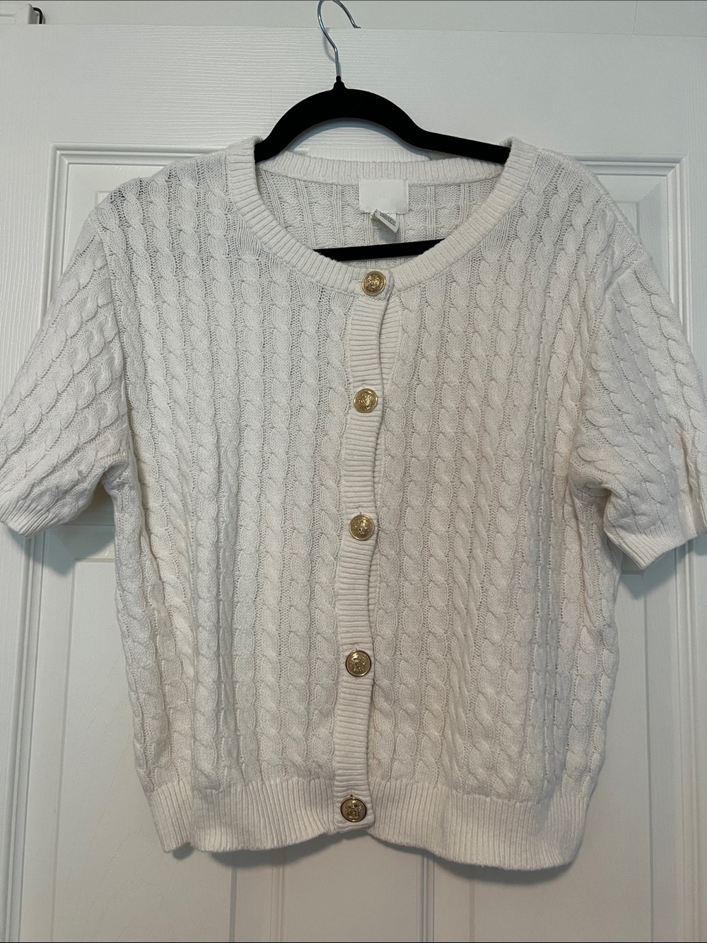 H&M Cream Cable-Knit Short Sleeve Cardigan with Gold Buttons